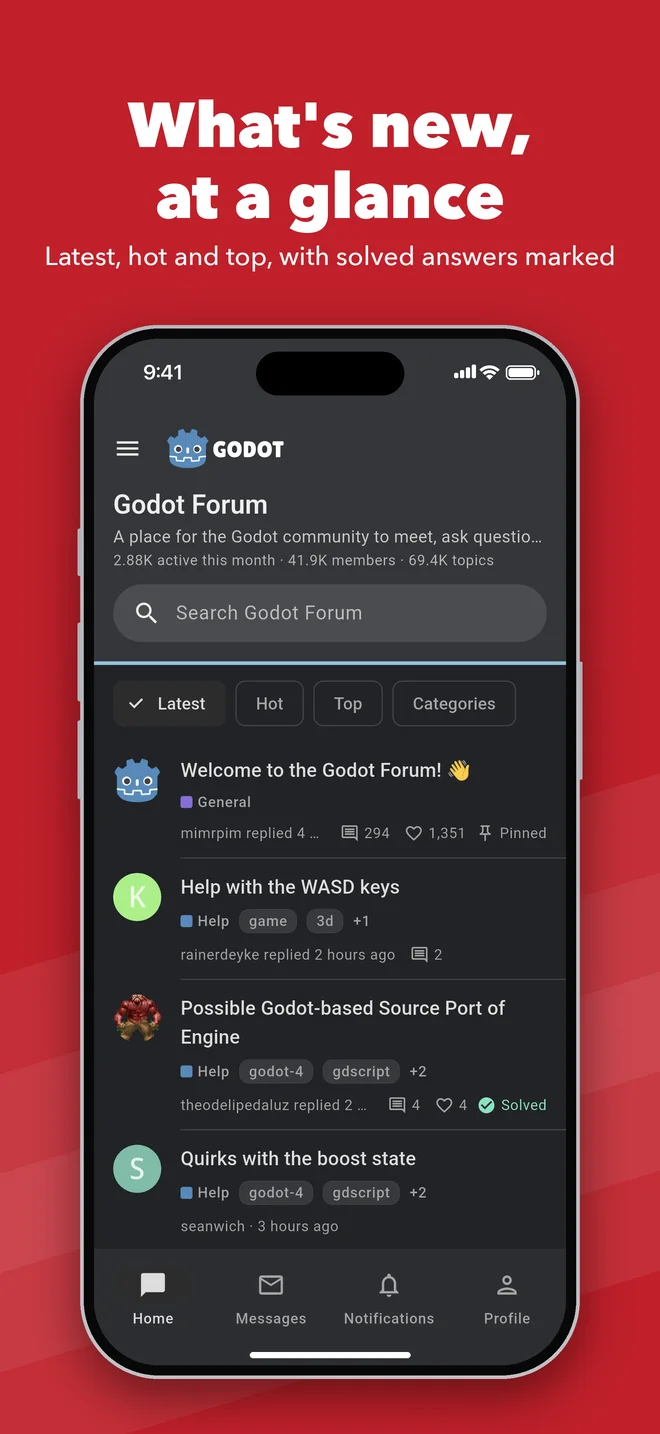 What's new, at a glance: Godot Forum's home in dark mode: latest topics, solved answers marked