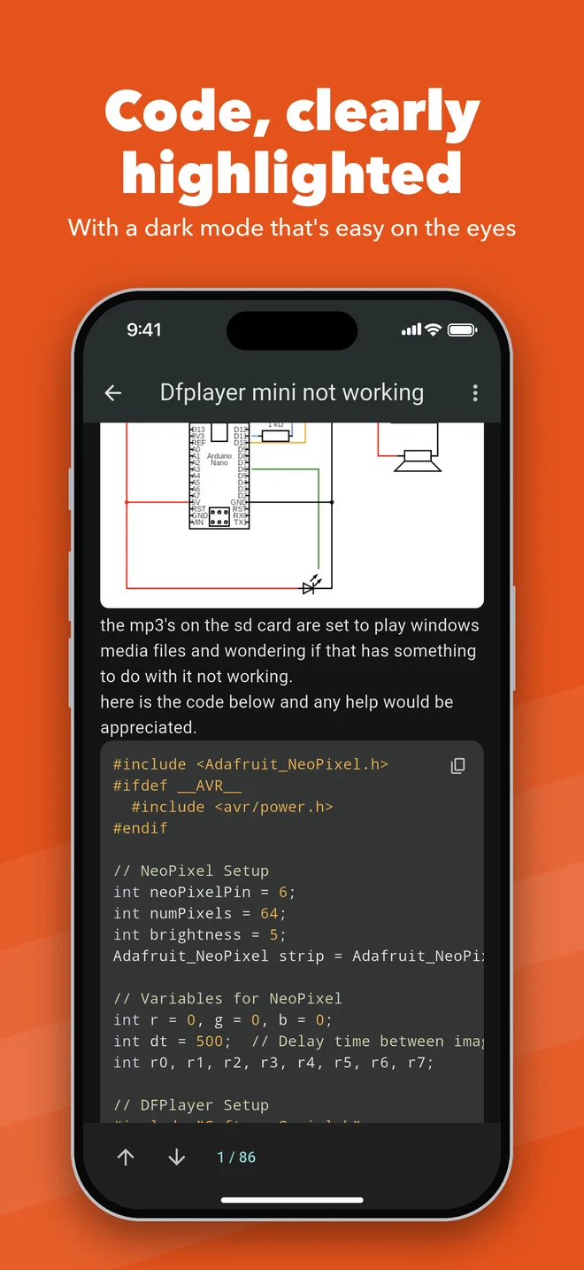 Code, clearly highlighted: An Arduino Forum thread with a wiring diagram and highlighted code